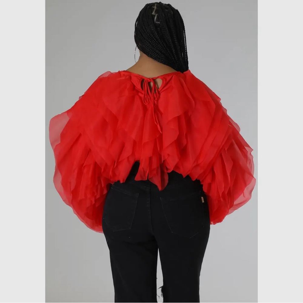 PLUS SIZE RUFFLE TULLE CROP TOP BLOUSE RED - Picture 3 of 7